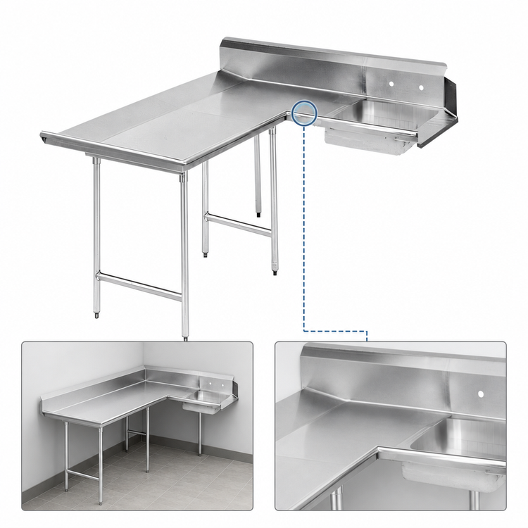 Product image #3 for Advance Tabco L-Shaped Left-Hand Dish Landing Soil Dishtable with Pre-Rinse Sink, 71 Inch, 304 Stainless Steel