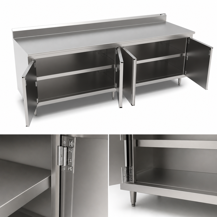 Product image #3 for John Boos Enclosed Base Work Table with Hinged Doors, 96 x 36 Inches, 14 Gauge 300 Series Stainless Steel Top, 5 Inch Backsplash