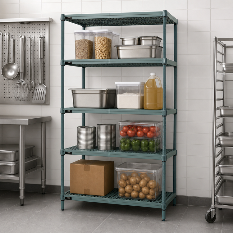 Product image #3 for Quantum Stationary 4-Tier Wire Plastic Mat Shelving Unit, 24" W x 21" D x 74" H, Green Epoxy Coated