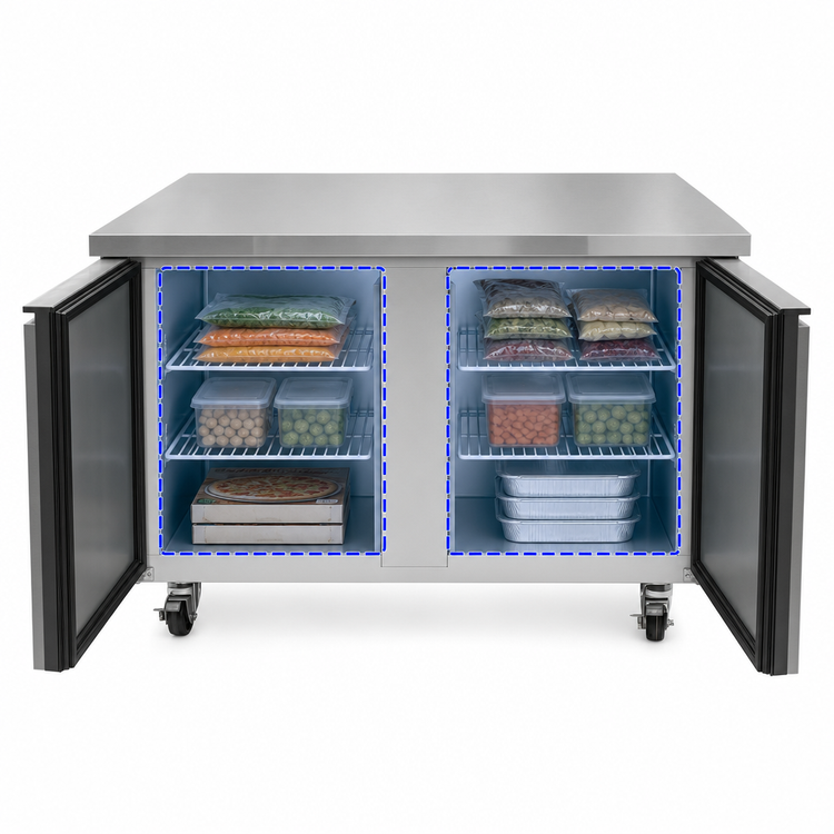 Product image #3 for Randell 48 Inch Two-Section Worktop Freezer with Doors, Stainless Steel, Rear-Mounted Self-Contained R290, 1/2 HP