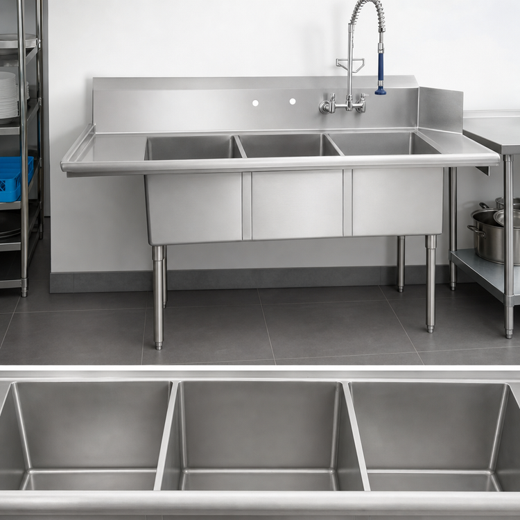 Product image #3 for BK Resources Left-Side Three-Compartment Soiled Dishtable Sink with Pre-Rinse, 72 Inch Wide