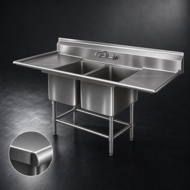 Product image #3 for Eagle Spec-Master FN Series Coved Corner Two-Compartment Stainless Steel Sink with 30-Inch Left Drainboard