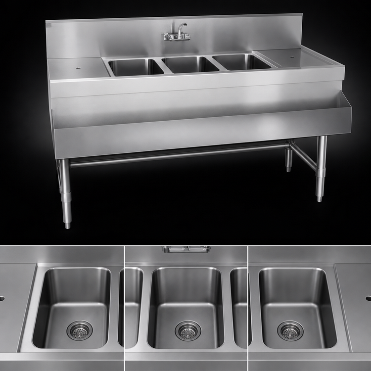 Product image #3 for Spec-Bar 3-Compartment Underbar Sink Unit with 24-Inch Right Drainboard, 60W x 24D x 37H