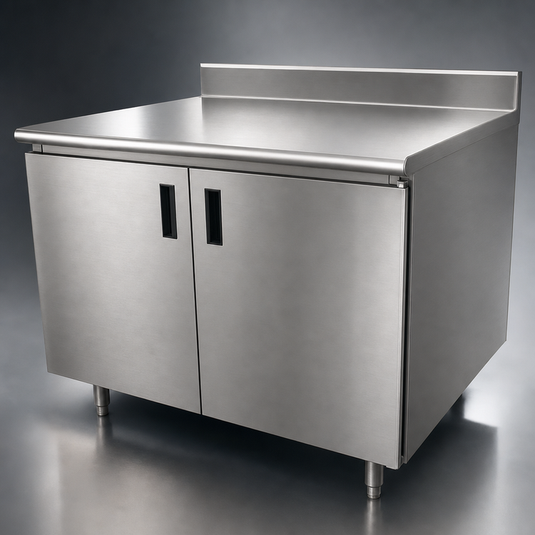 Product image #3 for Advance Tabco 60-Inch x 24-Inch 14-Gauge 304 Stainless Steel Enclosed Work Table with Cabinet Base, Hinged Doors, and 5-Inch Backsplash