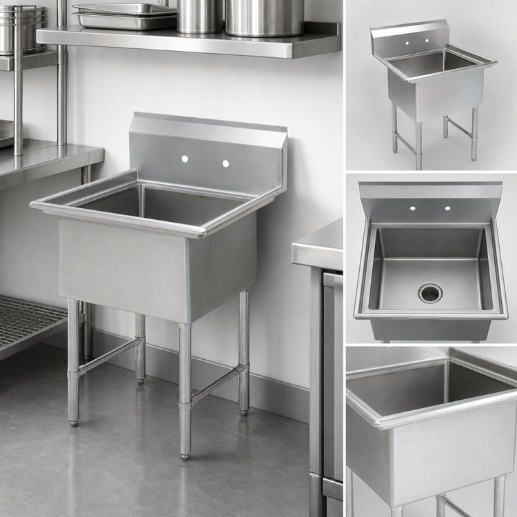Product image #3 for Single-Compartment Stainless Steel Sink with No Drainboards, 20 x 20 x 12 Inch Bowl, 9 Inch Backsplash, and Stainless Steel Legs