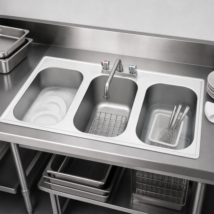 Product image #3 for Eagle Group Three-Compartment Self-Rimming Drop-In Sink, 304 Stainless Steel, 16 x 20 x 13-1/2 Inch Bowls