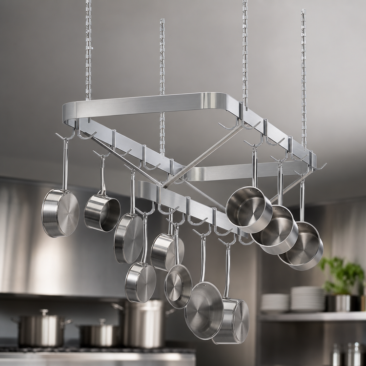 Product image #3 for Sapphire Manufacturing Ceiling-Hung Triple-Bar Stainless Steel Pot Rack, 48 x 22 Inches