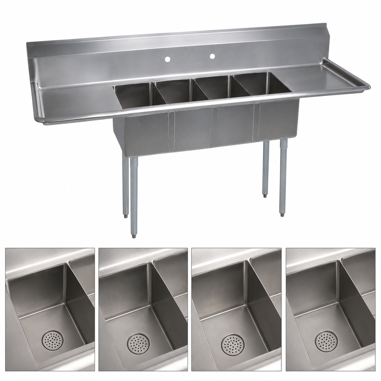 Product image #3 for BK Resources 4-Compartment Stainless Steel Sink with Left & Right Drainboards, 100-Inch Wide, 9-Inch Backsplash