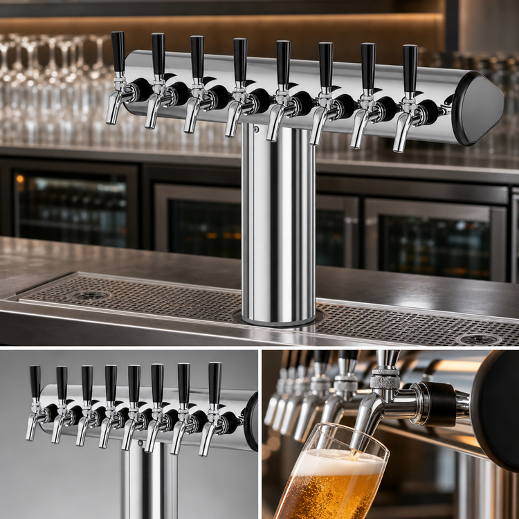 Product image #3 for Winged Tee Draft Tower, Countertop, Glycol-Cooled, 8 Faucet, Polished Chrome