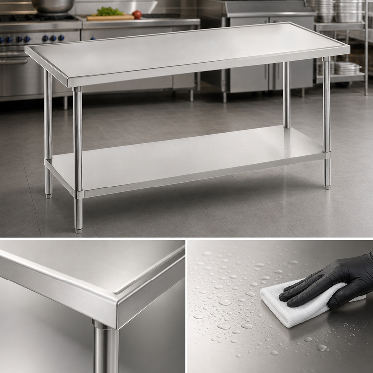 Product image #3 for Advance Tabco 72" x 36" 14-Gauge 304 Stainless Steel Work Table with Adjustable Undershelf and Non-Drip Edge