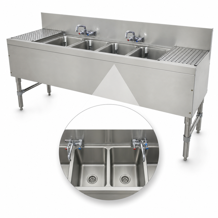 Product image #3 for Advance Tabco Prestige 4-Compartment Stainless Steel Underbar Sink Unit with Left and Right Drainboards and 2 Faucets, 96-Inch Wide