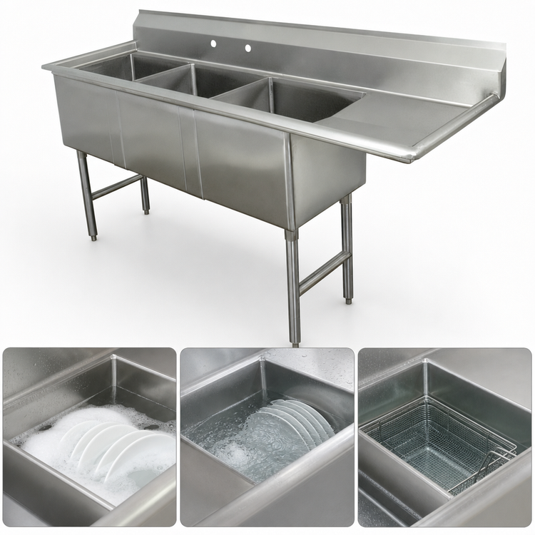 Product image #3 for Advance Tabco 3-Compartment Fabricated Sink with 18-Inch Right Drainboard, 16 Gauge 304 Stainless Steel