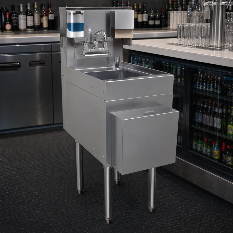Product image #3 for Glastender Freestanding Underbar Hand Sink Unit, 12-Inch Wide, Stainless Steel, with Faucet, Soap & Towel Dispensers