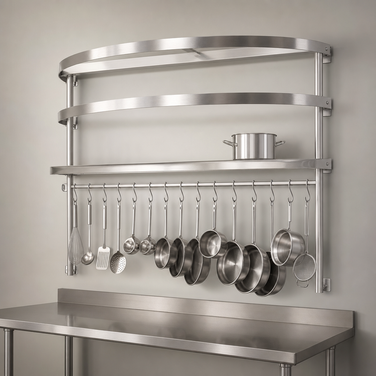 Product image #3 for Advance Tabco SWT-84 Table-Mounted Semi-Circular Stainless Steel Pot Rack with 18 Hooks & Utensil Rack