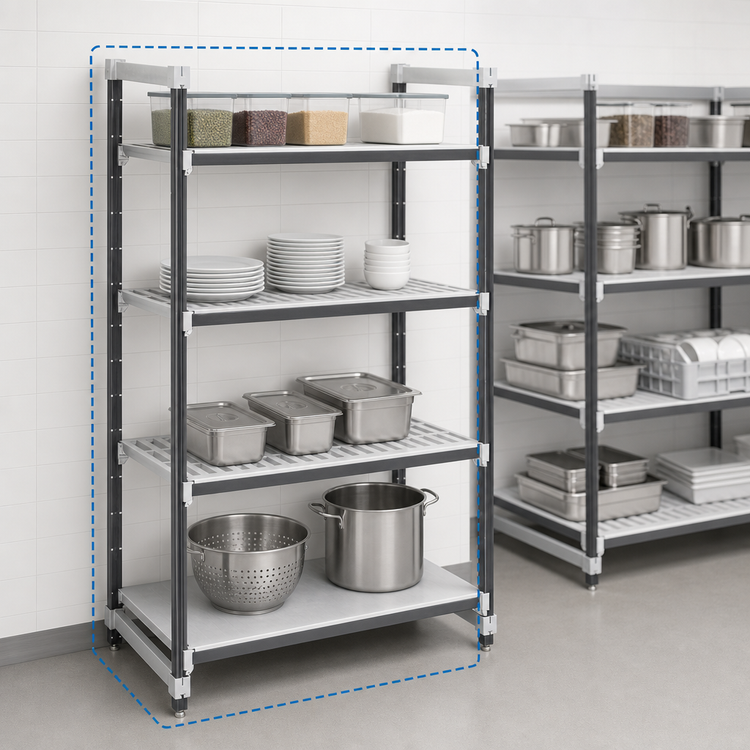 Product image #3 for Cambro Camshelving Elements XTRA 4-Tier Stationary Starter Polymer Shelving Unit, 18 x 72 x 64 Inches, Vented and Solid, Speckled Gray