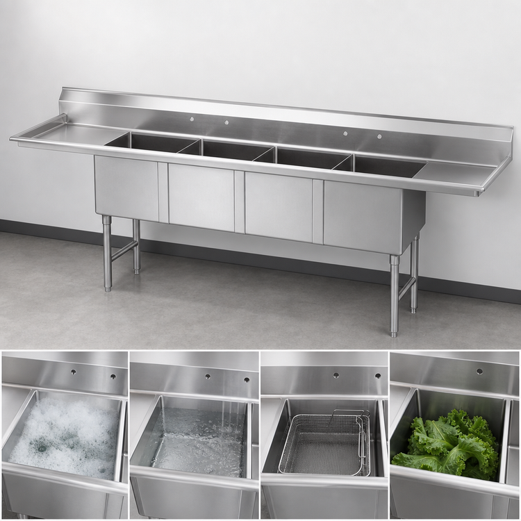 Product image #3 for Advance Tabco 4-Compartment Fabricated Stainless Steel Sink with 18-Inch Left and Right Drainboards, 18 x 18 x 14 Bowls