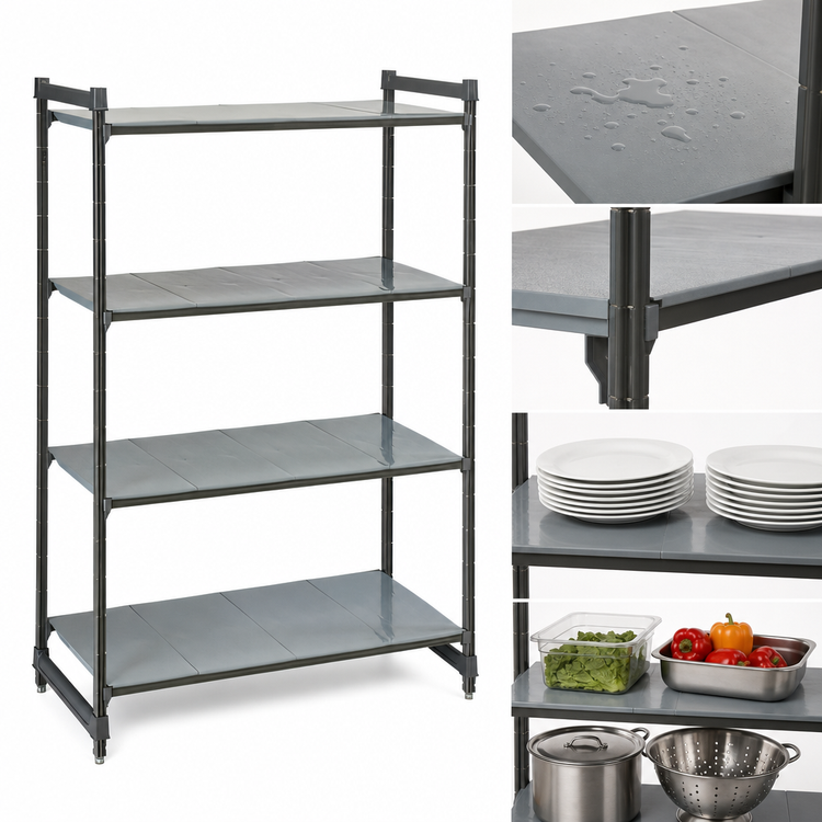 Product image #3 for Cambro Camshelving Basics Plus 4-Tier Solid Stationary Starter Shelving Unit, 18" Deep x 36" Wide x 72" High, Brushed Graphite