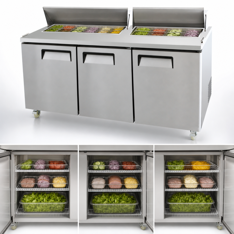 Product image #3 for Atosa Three-Section Mega Top Sandwich/Salad Prep Table Refrigerator, 72.7 Inch, 30-Pan, Rear-Mounted Self-Contained, Stainless Steel