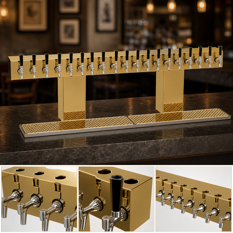 Product image #3 for Glastender 20-Faucet Countertop Bridge Draft Dispensing Tower, Glycol-Cooled, Polished Brass Finish
