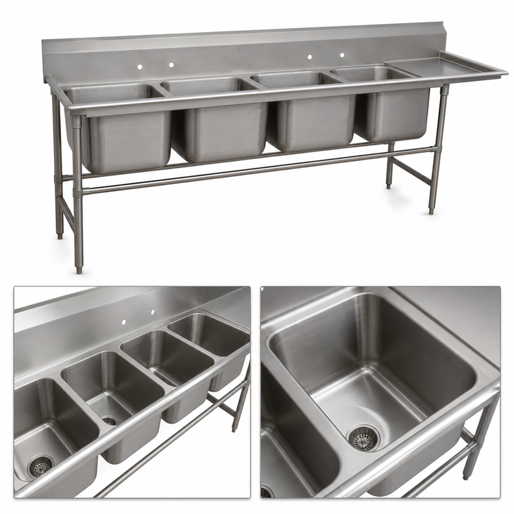 Product image #3 for Advance Tabco Regaline 4-Compartment Sink with Right-Hand Drainboard, 20" x 20" Bowls, 14-Gauge 304 Stainless Steel