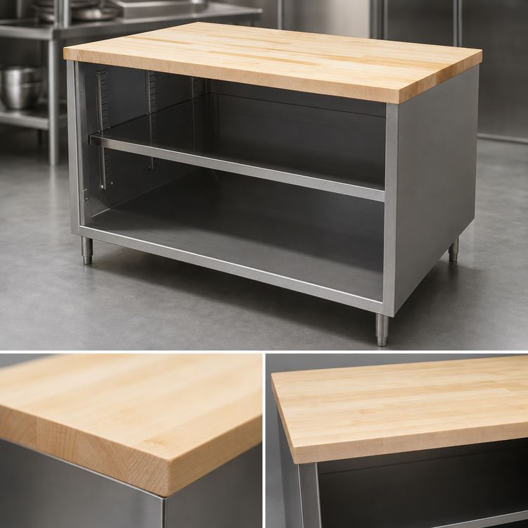Product image #3 for BK Resources 48 x 36 Inch Hard Maple Flat Top Chef Table with Open Front Stainless Steel Cabinet Base