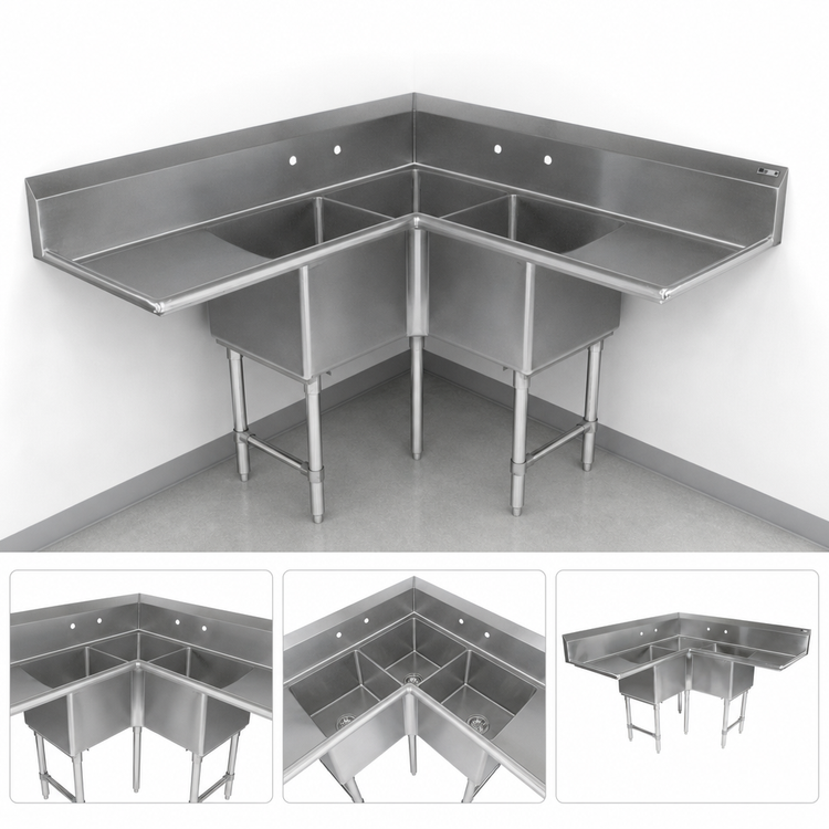 Product image #3 for John Boos Pro-Bowl 3-Compartment Corner Sink with 2 Drainboards