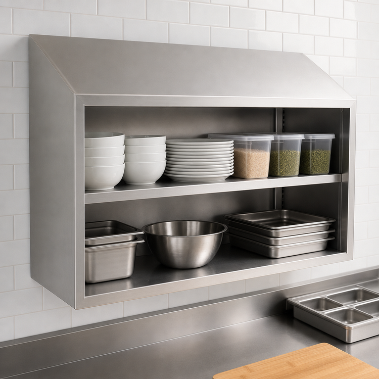 Product image #3 for Eagle Group WCO-96 96-Inch Open Front Stainless Steel Wall Cabinet with Sloped Top and Fixed Shelf