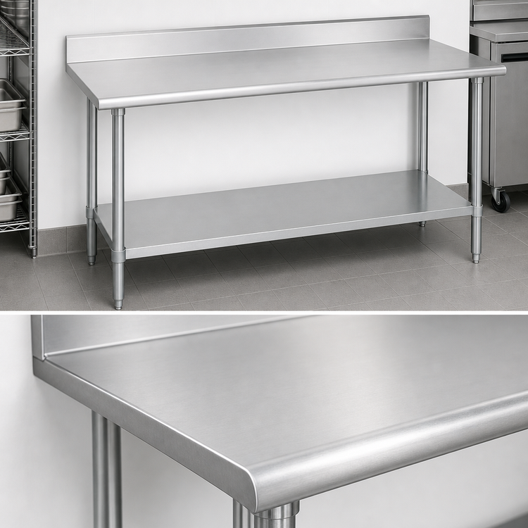 Product image #3 for Duke 60-Inch x 24-Inch 14-Gauge 300 Series Stainless Steel Work Table with 4.59-Inch Riser and Galvanized Undershelf