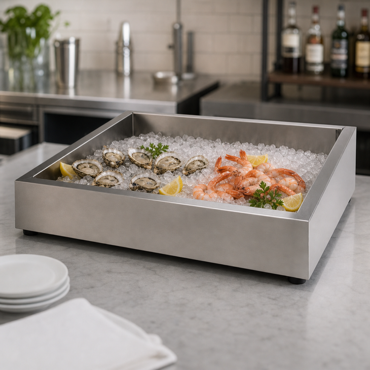 Product image #3 for Atlas Metal Marche Style Countertop Insulated Ice Pan with Sloped Bottom, 24 x 60 Inches