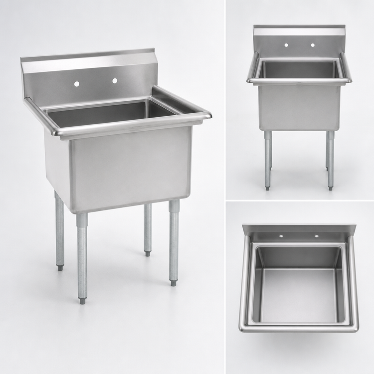 Product image #3 for BK Resources Commercial One-Compartment Sink with 18 x 18 x 12-Inch Bowl, 9-Inch Backsplash, and Galvanized Legs