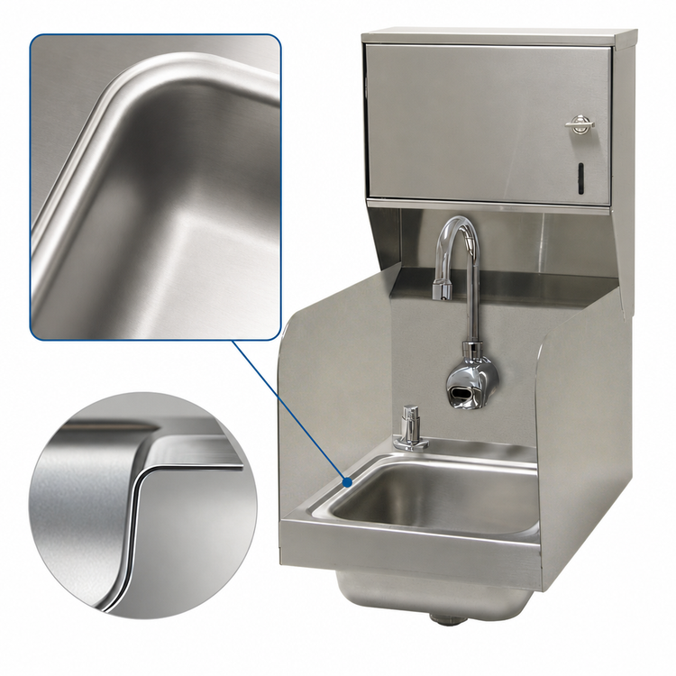 Product image #3 for Advance Tabco 12-Inch Wall-Mounted Hand Sink with Left and Right Side Splashes, Electronic Faucet, Soap & Towel Dispensers, 9 x 9 x 5 Bowl
