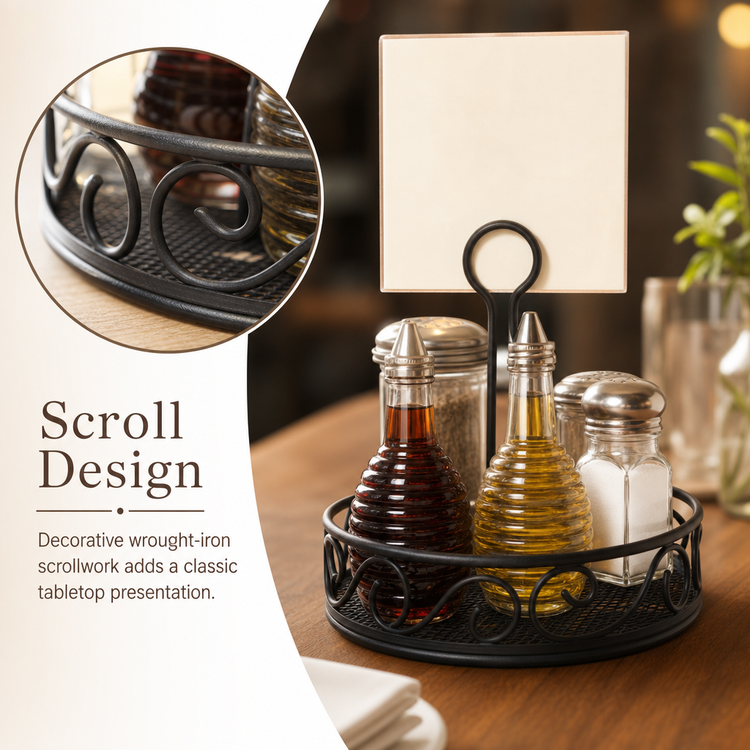 Product image #3 for Ironworks Round Black Wrought Iron Condiment Rack with Center Handle and Table Number Slot