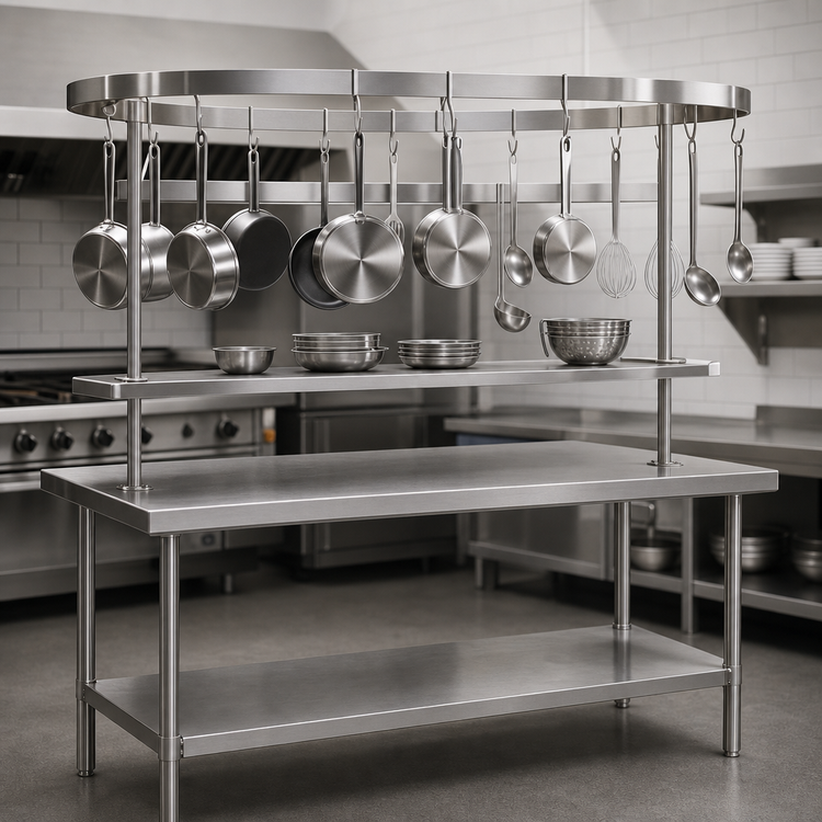 Product image #3 for Advance Tabco SCT-96 Table-Mounted Circular Stainless Steel Pot Rack with 18 Plated Hooks and Utensil Rack