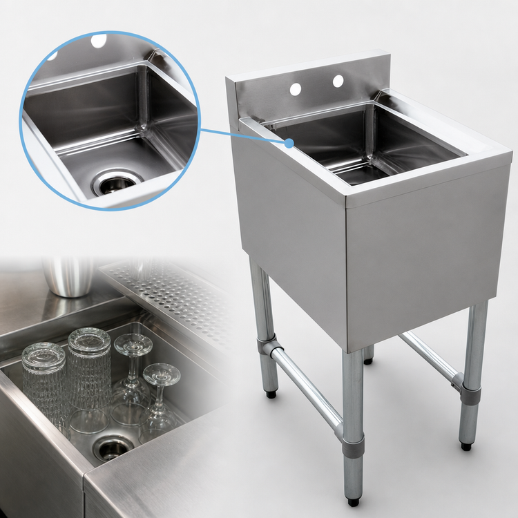 Product image #3 for Omcan USA 1-Compartment Under Bar Sink with 10 x 14 x 10 Inch Bowl, 3 Inch Backsplash, No Drainboard, and Galvanized H-Frame Legs