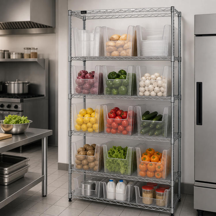 Product image #3 for Quantum 36" W x 18" D x 74" H Stationary Chrome Bin Wire Shelving System with 5 Shelves and 12 Clear Bins