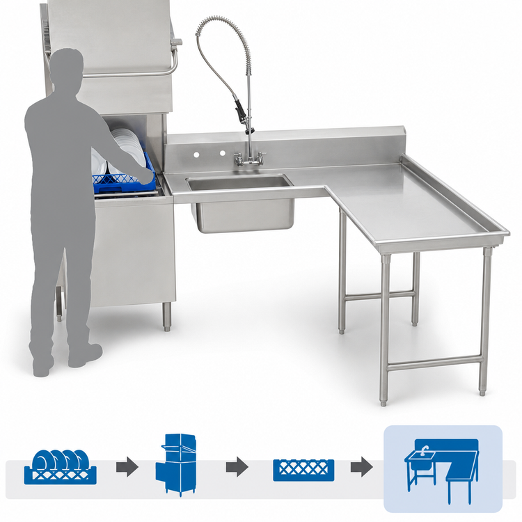 Product image #3 for Advance Tabco Standard-Series L-Shaped Island Soil Dish Table with Pre-Rinse Sink, 83-Inch Long, Right-Hand, 16 Gauge 304 Stainless Steel