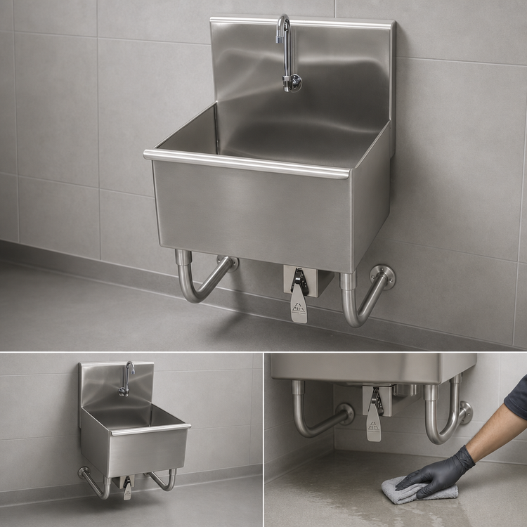 Product image #3 for Advance Tabco 31-Inch Wall-Mounted Stainless Steel Service Sink with Knee Valve and Gooseneck Spout