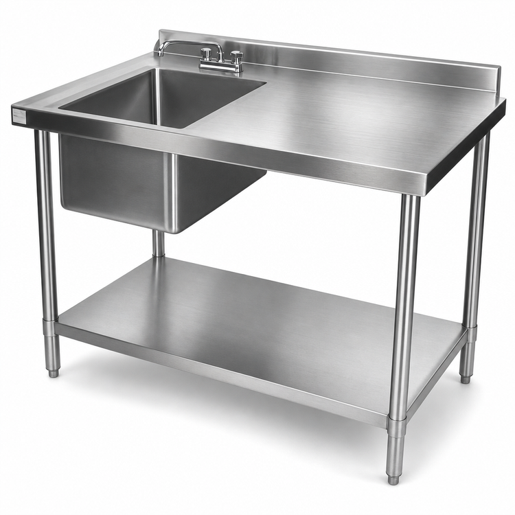 Product image #3 for 60-Inch Left-Side Stainless Steel Prep Sink Table with Backsplash and Undershelf