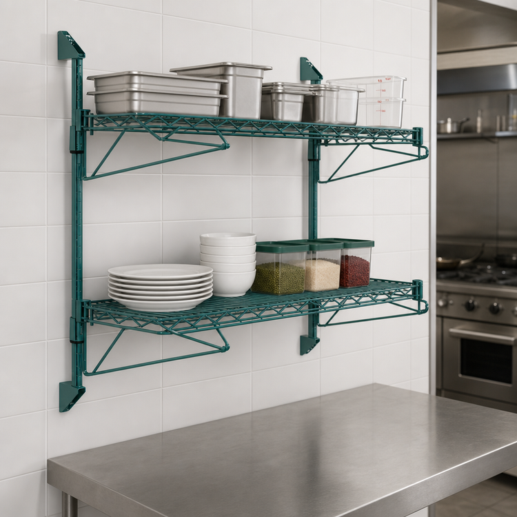 Product image #3 for Quantum Wall-Mount Double Shelf Cantilever Wire Shelving Unit, 42 x 21 in., Green Epoxy