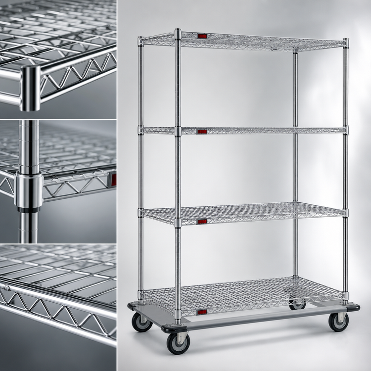 Product image #3 for Eagle Group 4-Tier 48"W x 21"D Chrome Wire Shelving Dolly Truck with Poly Casters