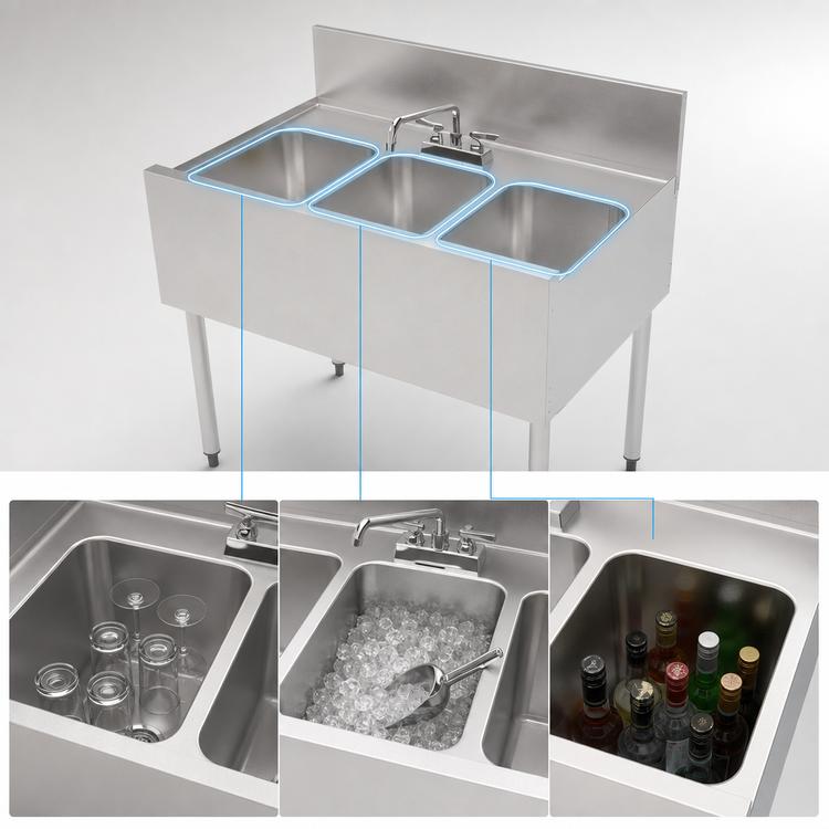 Product image #4 for Top Shelf Three-Compartment Underbar Multi-Tank Sink Unit, 36 x 24 Inches, Stainless Steel, with Backsplash