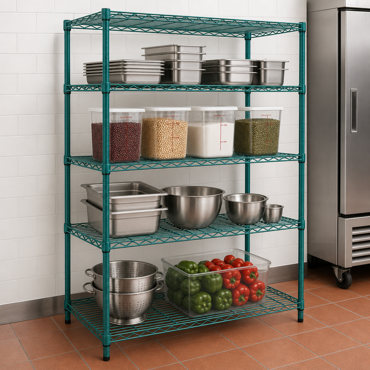 Product image #3 for Quantum 4-Tier Stationary Wire Shelving Unit Pack, 42W x 18D x 72H, Green Epoxy Antimicrobial Finish