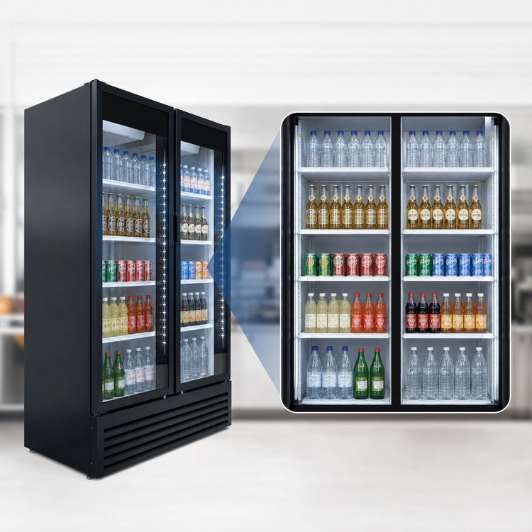 Product image #3 for Beverage-Air Marketeer MT53-1B Two-Section Reach-In Glass Door Refrigerated Merchandiser, Black, 41.66 Cu. Ft.