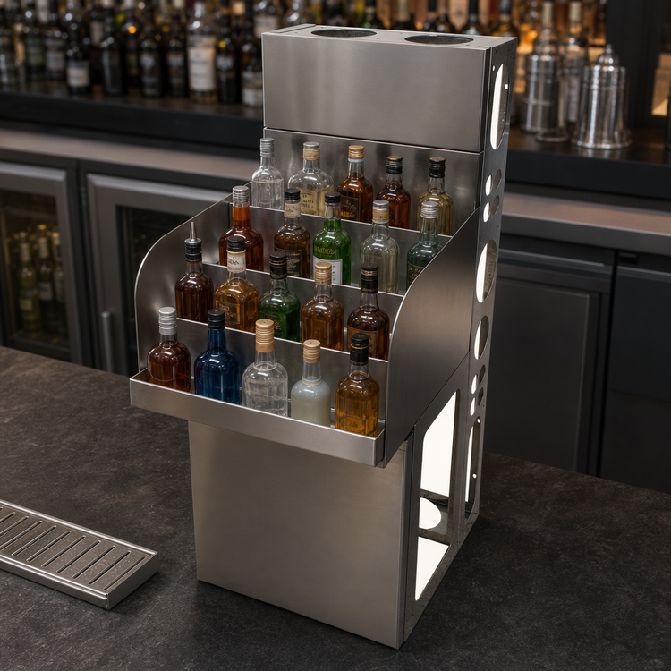 Product image #3 for BK Resources 18-Inch Freestanding Underbar Liquor Bottle Display, 4-Step, Approx. 20-Bottle Capacity