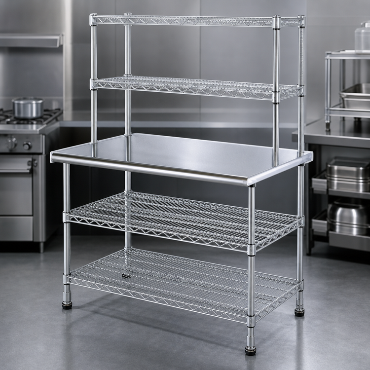 Product image #3 for Eagle AdjusTable 48-Inch x 24-Inch Two-Tier Stainless Steel Work Surface System with Double Overshelf