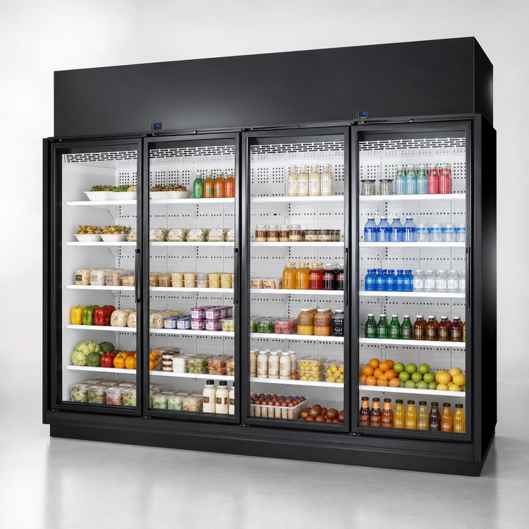 Product image #3 for True 4-Section Medium-Temperature Glass Door Refrigerated Merchandiser, Self-Contained, Black Exterior/White Interior