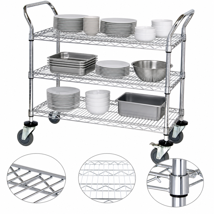 Product image #3 for Quantum 3-Shelf 304 Stainless Steel Utility Bus Cart, 48 x 24 x 37-1/2 Inches