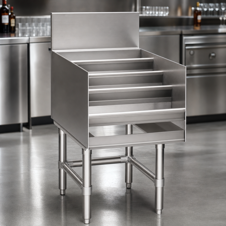 Product image #3 for Eagle Spec-Bar 30 Inch Wide x 24 Inch Deep Freestanding Liquor Bottle Display Unit, 4-Level Open Step-and-Rail, 304 Stainless Steel