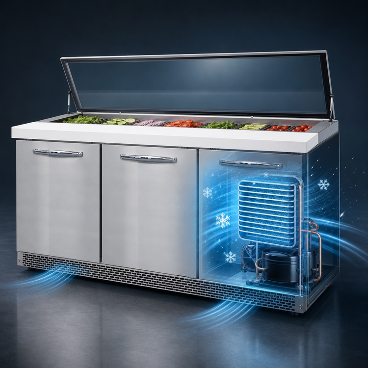 Product image #3 for Continental Refrigerator SW72N30M-HGL-FB Mighty Top 72" Front Breathing 3-Door Sandwich Prep Table with Hinged Glass Lid
