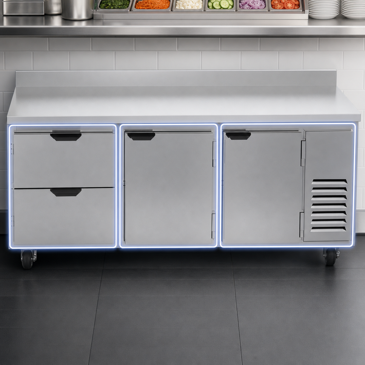 Product image #3 for Beverage-Air Stainless Steel Three-Section Worktop Refrigerator with 2 Drawers and 2 Doors, 93-Inch Wide